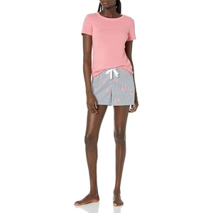 Amazon Essentials Women’s Cotton Poplin Short and Sleep Tee Set, Loungewear Pajamas(Blue Pink Floral)