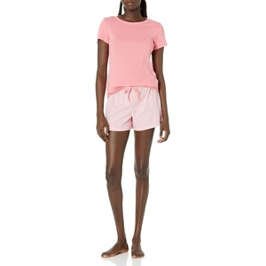 Amazon Essentials Women’s Cotton Poplin Short and Sleep Tee Set, Loungewear Pajamas(Coral Gingham/Pink)