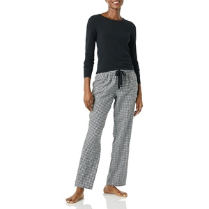 Amazon Essentials Women’s Lightweight Soft Flannel Trouser and Long-Sleeve T-Shirt Sleep Set, Lounge Bottoms, Salmon Pink(Black White Gingham)