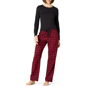 Amazon Essentials Women’s Lightweight Soft Flannel Trouser and Long-Sleeve T-Shirt Sleep Set, Lounge Bottoms, Salmon Pink(Black and Classic Buffalo Check)