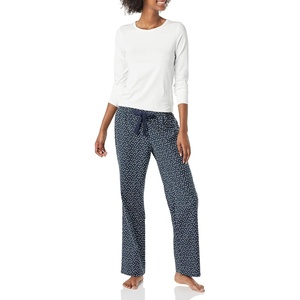 Amazon Essentials Women’s Lightweight Soft Flannel Trouser and Long-Sleeve T-Shirt Sleep Set, Lounge Bottoms, Salmon Pink(Navy Dot Print)