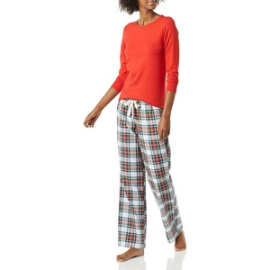 Amazon Essentials Women’s Lightweight Soft Flannel Trouser and Long-Sleeve T-Shirt Sleep Set, Lounge Bottoms, Salmon Pink(Red Multi Tartan)
