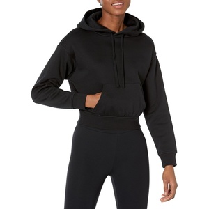Amazon Essentials Women’s Relaxed Fit Crop Pullover Hoodie Sweatshirt with Drawstring, Soft (Available in Plus Size)(Black)