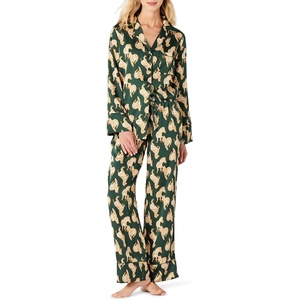 Amazon Essentials Women’s Satin Long Sleeve Shirt and Pant Pajama Set(Dark Green Beige Zebras)