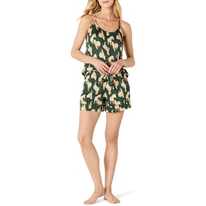Amazon Essentials Women’s Satin Pajama Top and Shorts Set(Dark Green Beige Zebra)