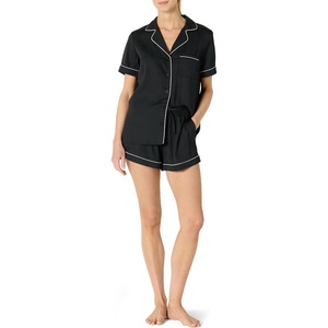 Amazon Essentials Women’s Satin Short Sleeve Button-Down Top and Short Sleepwear Pajama Set(Black)