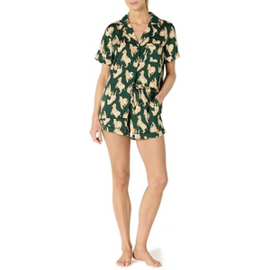 Amazon Essentials Women’s Satin Short Sleeve Button-Down Top and Short Sleepwear Pajama Set(Dark Green Beige Zebras)