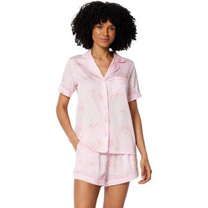 Amazon Essentials Women’s Satin Short Sleeve Button-Down Top and Short Sleepwear Pajama Set(Light Pink Roses)