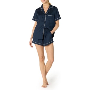 Amazon Essentials Women’s Satin Short Sleeve Button-Down Top and Short Sleepwear Pajama Set(Navy)
