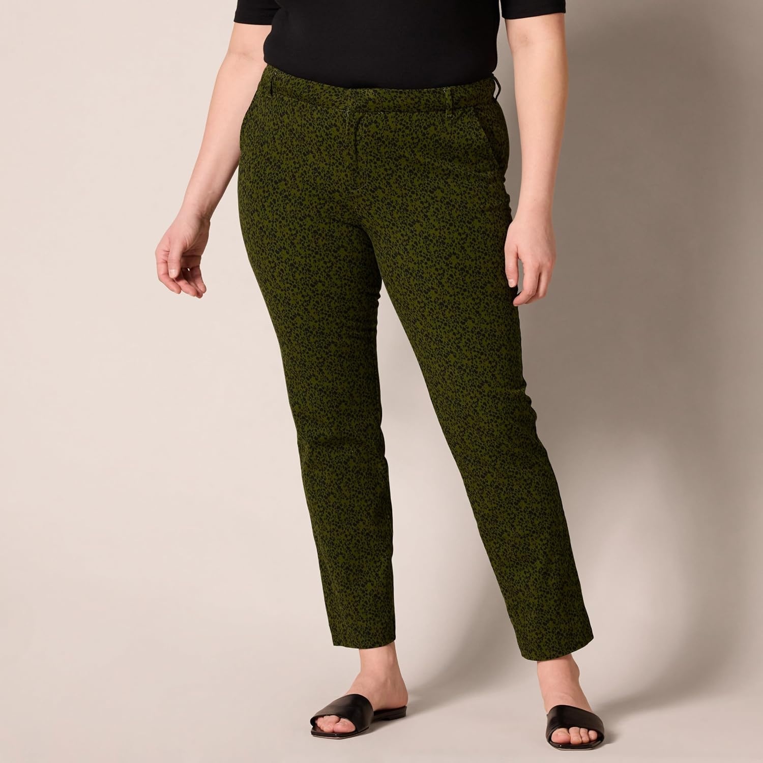 image:imageAmazon Essentials Womens BiStretch Full Length Straight Leg PantBlack Olive Animal Print