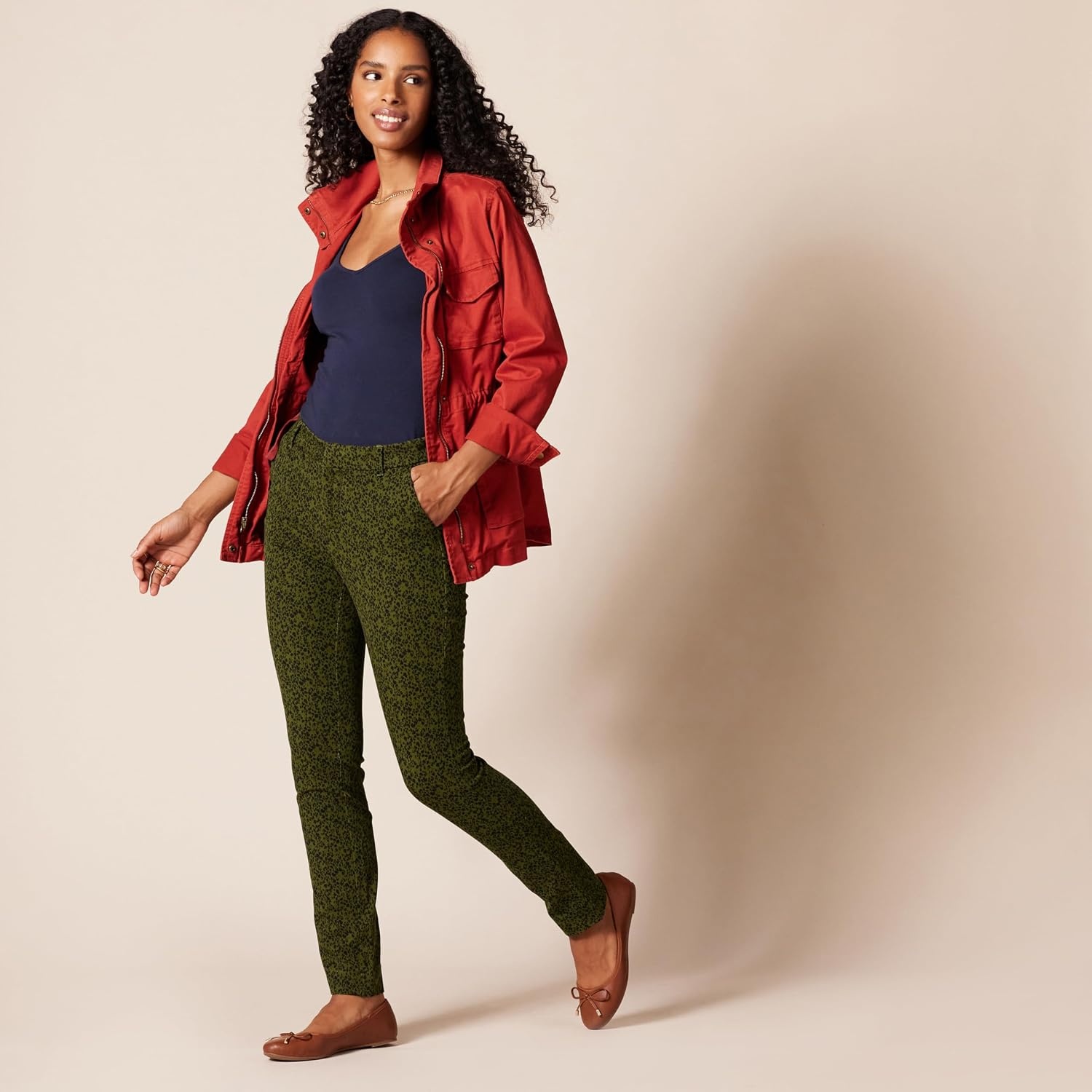 image:imageAmazon Essentials Womens BiStretch Full Length Straight Leg PantBlack Olive Animal Print