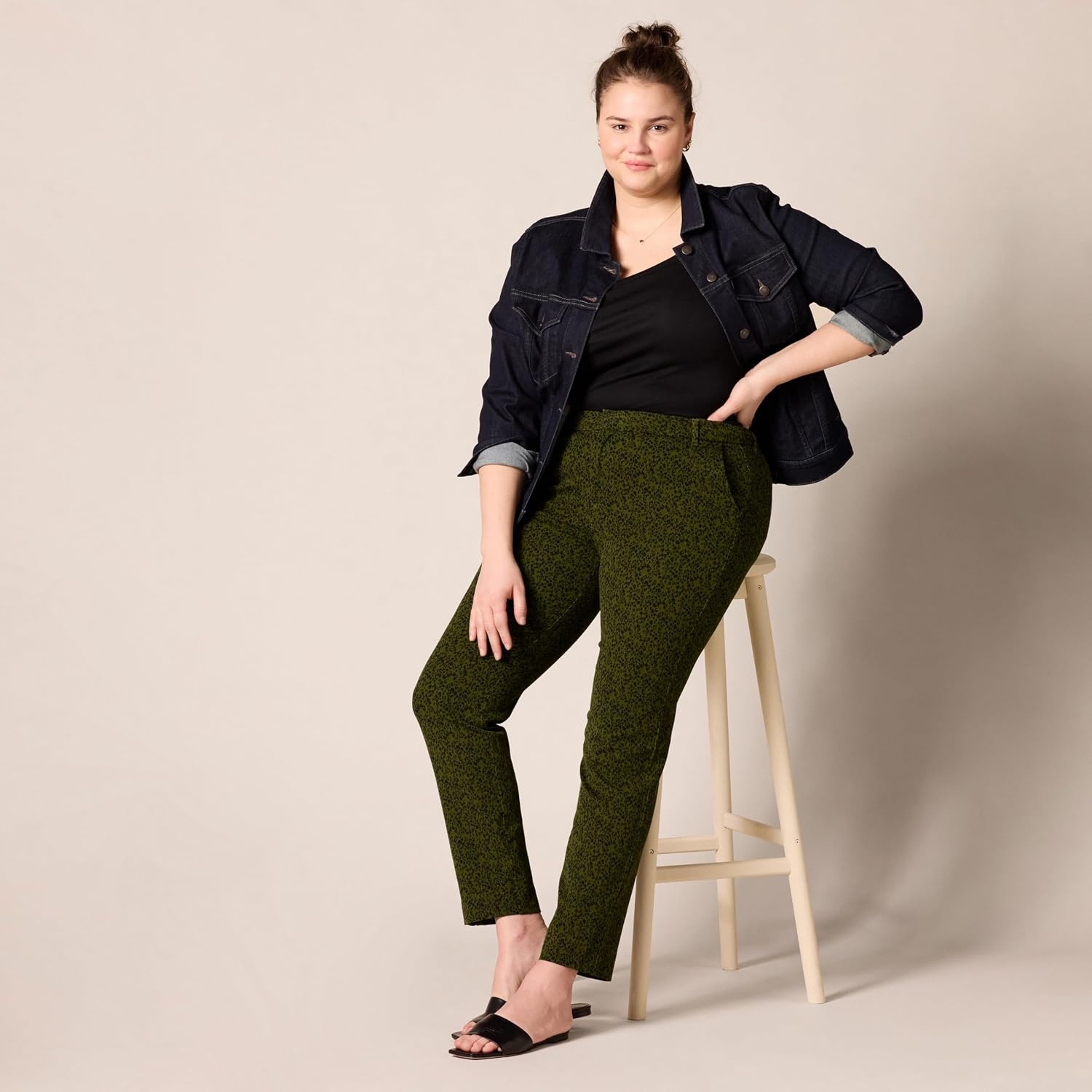 image:imageAmazon Essentials Womens BiStretch Full Length Straight Leg PantBlack Olive Animal Print