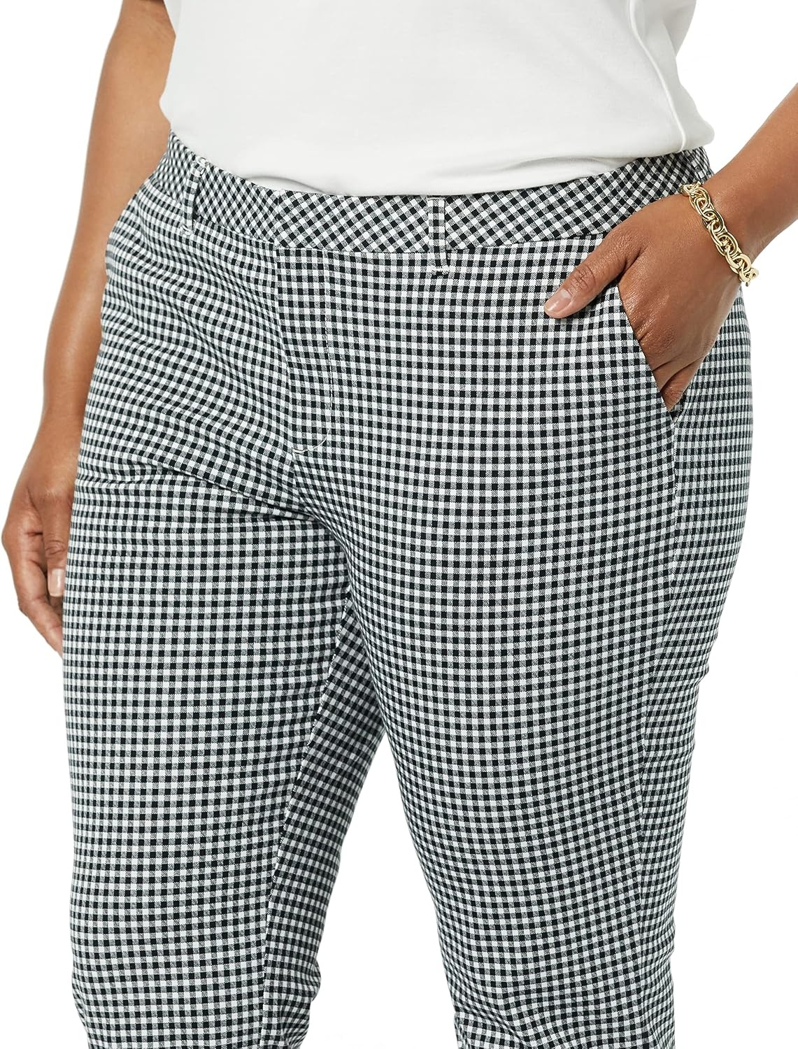 image:imageAmazon Essentials Womens BiStretch Full Length Straight Leg PantWhite Gingham