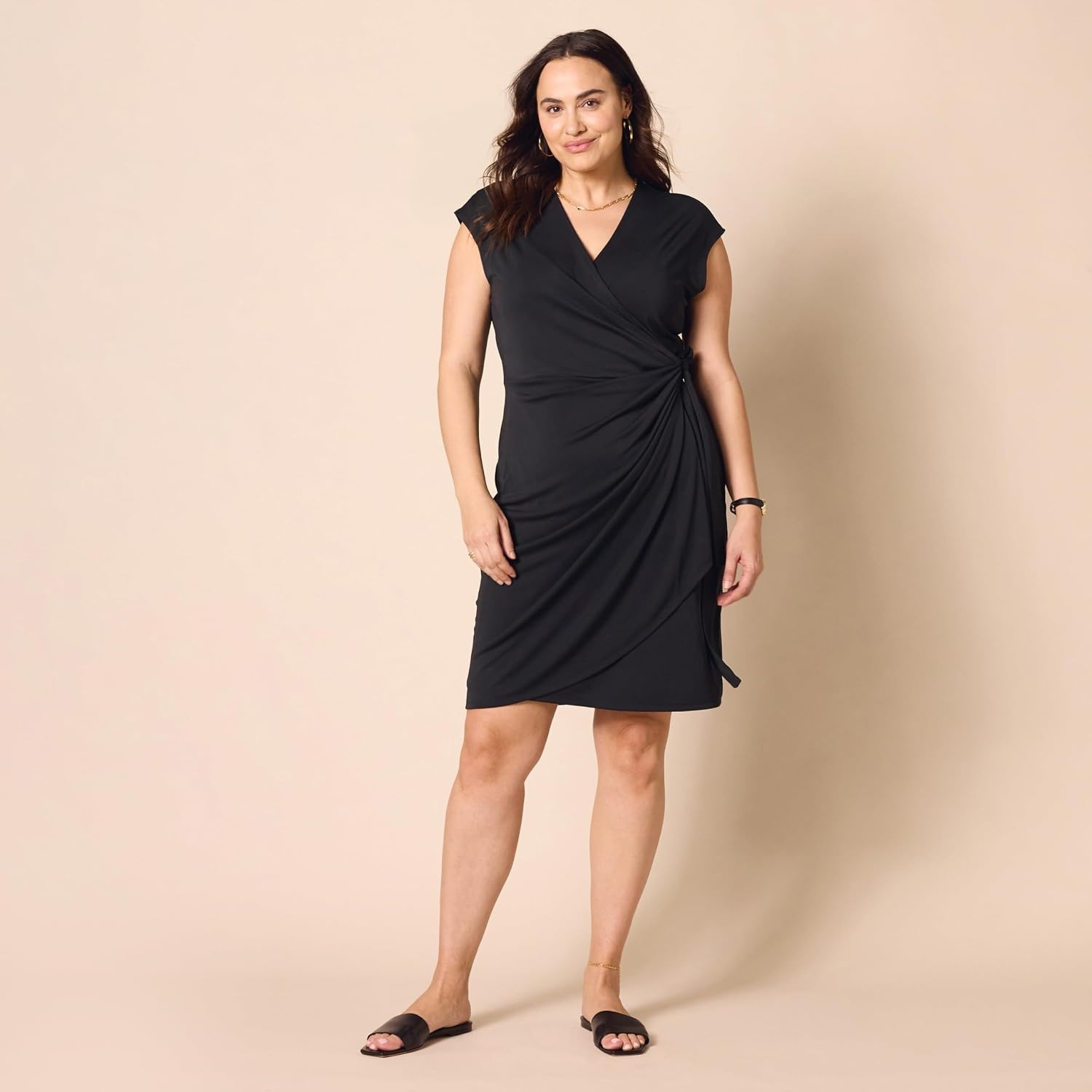 image:imageAmazon Essentials Womens Classic Cap Sleeve Wrap Dress with V Neck Pleated Waist Available in Plus SizeBlack