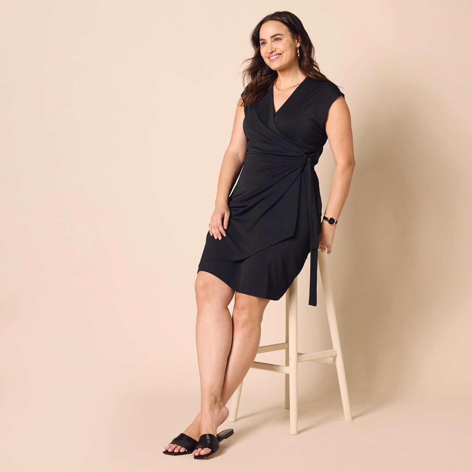 image:imageAmazon Essentials Womens Classic Cap Sleeve Wrap Dress with V Neck Pleated Waist Available in Plus SizeBlack
