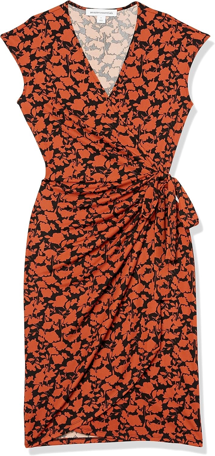 image:imageAmazon Essentials Womens Classic Cap Sleeve Wrap Dress with V Neck Pleated Waist Available in Plus SizeBrown Floral Print