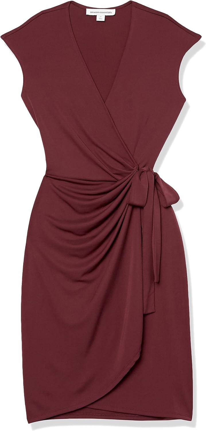 image:imageAmazon Essentials Womens Classic Cap Sleeve Wrap Dress with V Neck Pleated Waist Available in Plus SizeBurgundy
