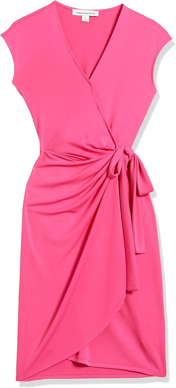 image:imageAmazon Essentials Womens Classic Cap Sleeve Wrap Dress with V Neck Pleated Waist Available in Plus SizeDark Pink