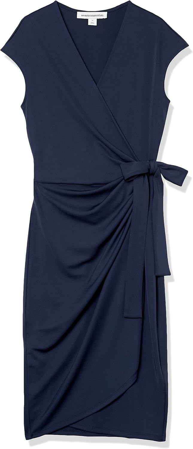 image:imageAmazon Essentials Womens Classic Cap Sleeve Wrap Dress with V Neck Pleated Waist Available in Plus SizeNavy