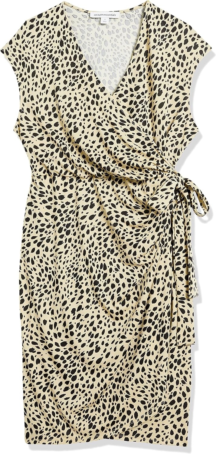 image:imageAmazon Essentials Womens Classic Cap Sleeve Wrap Dress with V Neck Pleated Waist Available in Plus SizeTan Classic Animal Print