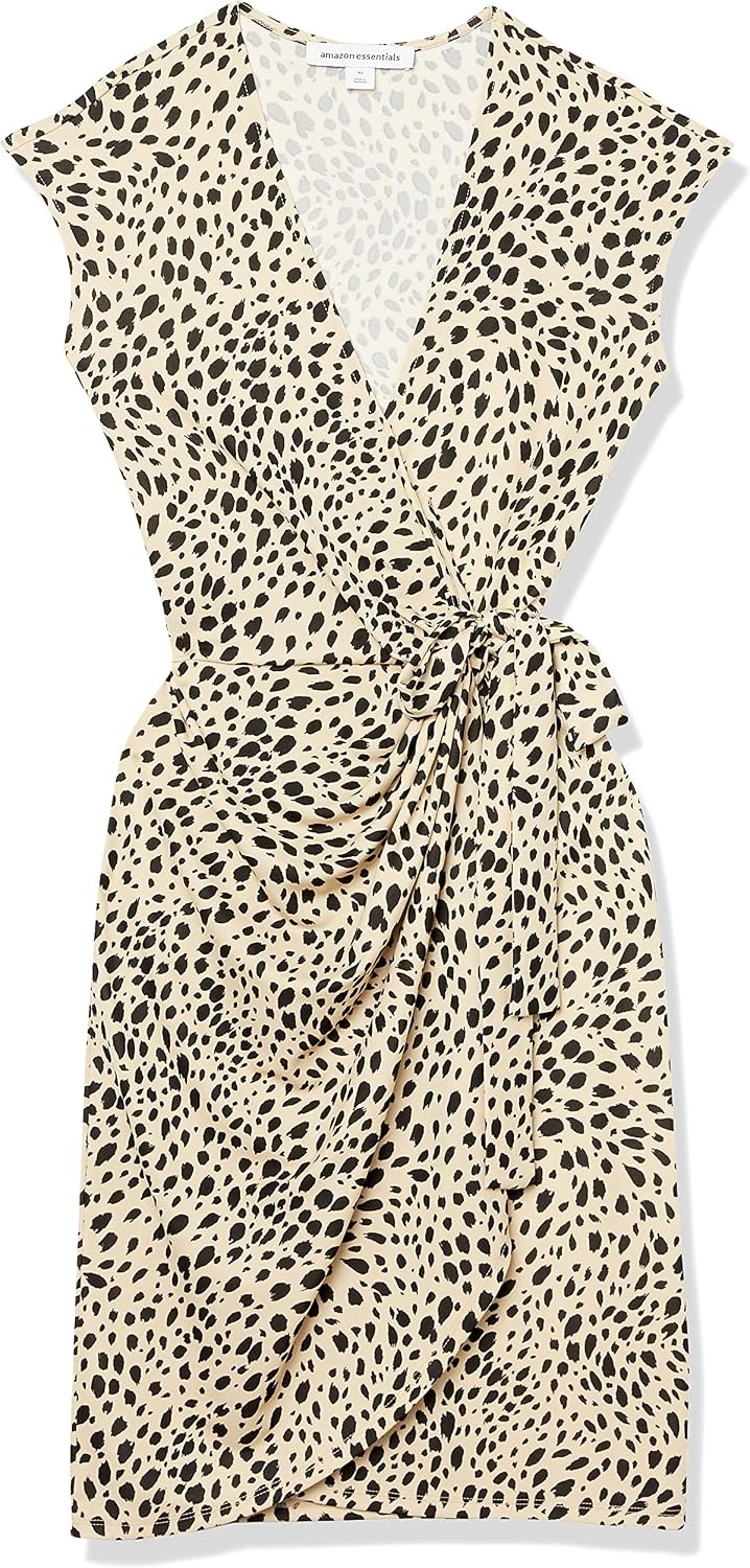 image:imageAmazon Essentials Womens Classic Cap Sleeve Wrap Dress with V Neck Pleated Waist Available in Plus SizeTan Animal Print