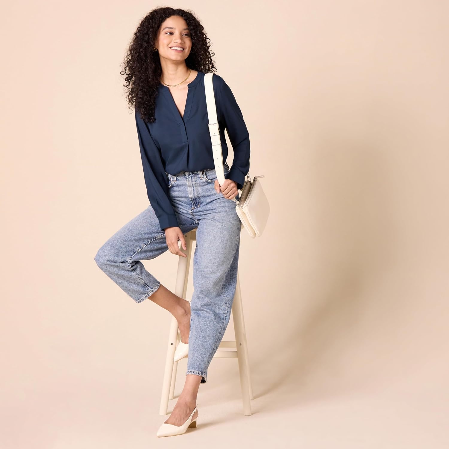 image:imageAmazon Essentials Womens Georgette Long Sleeve RelaxedFit Popover Blouse Business Casual Dress Blouses for Office WorkNavy