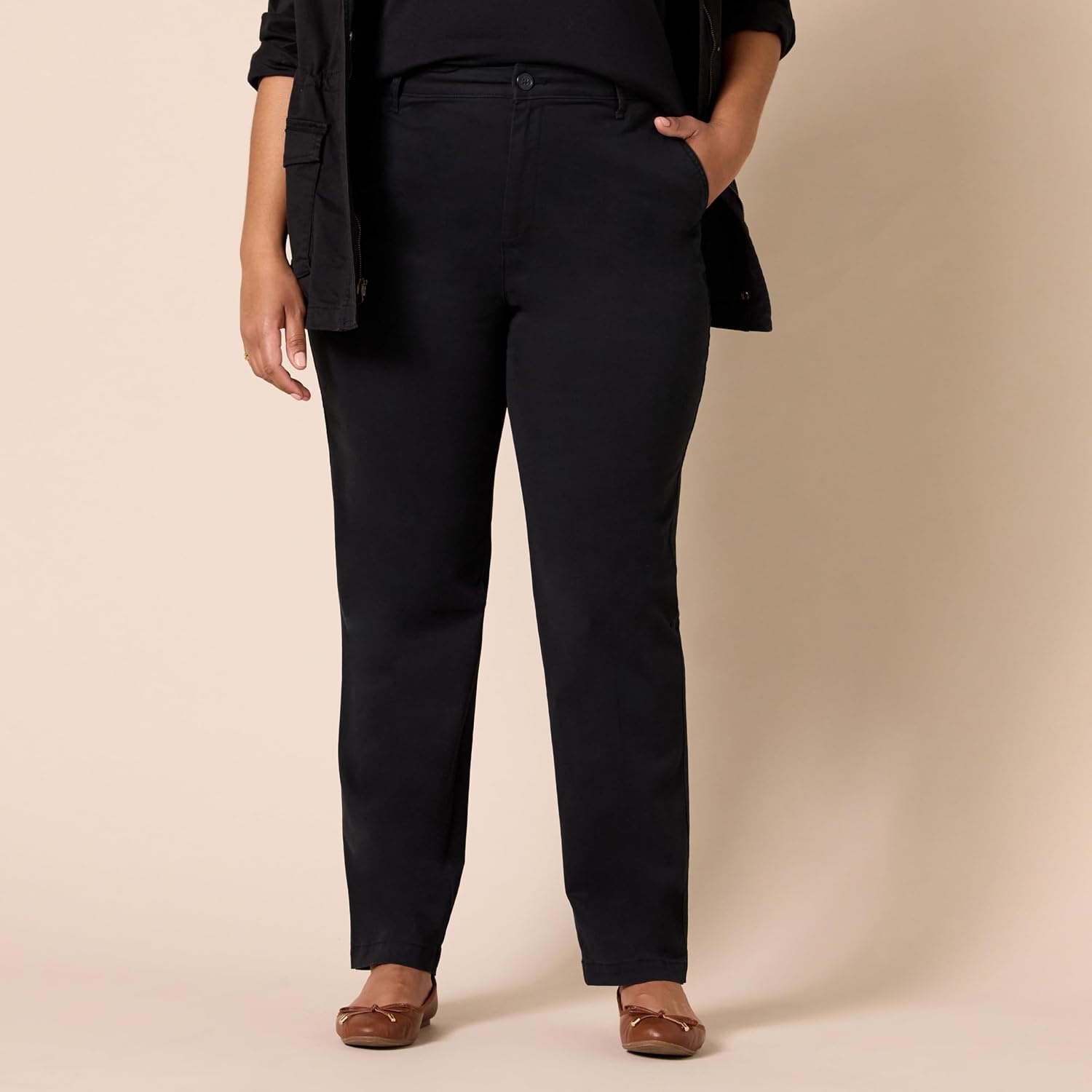 image:imageAmazon Essentials Womens HighRise SlimFit FullLength StraightLeg Khaki PantBlack