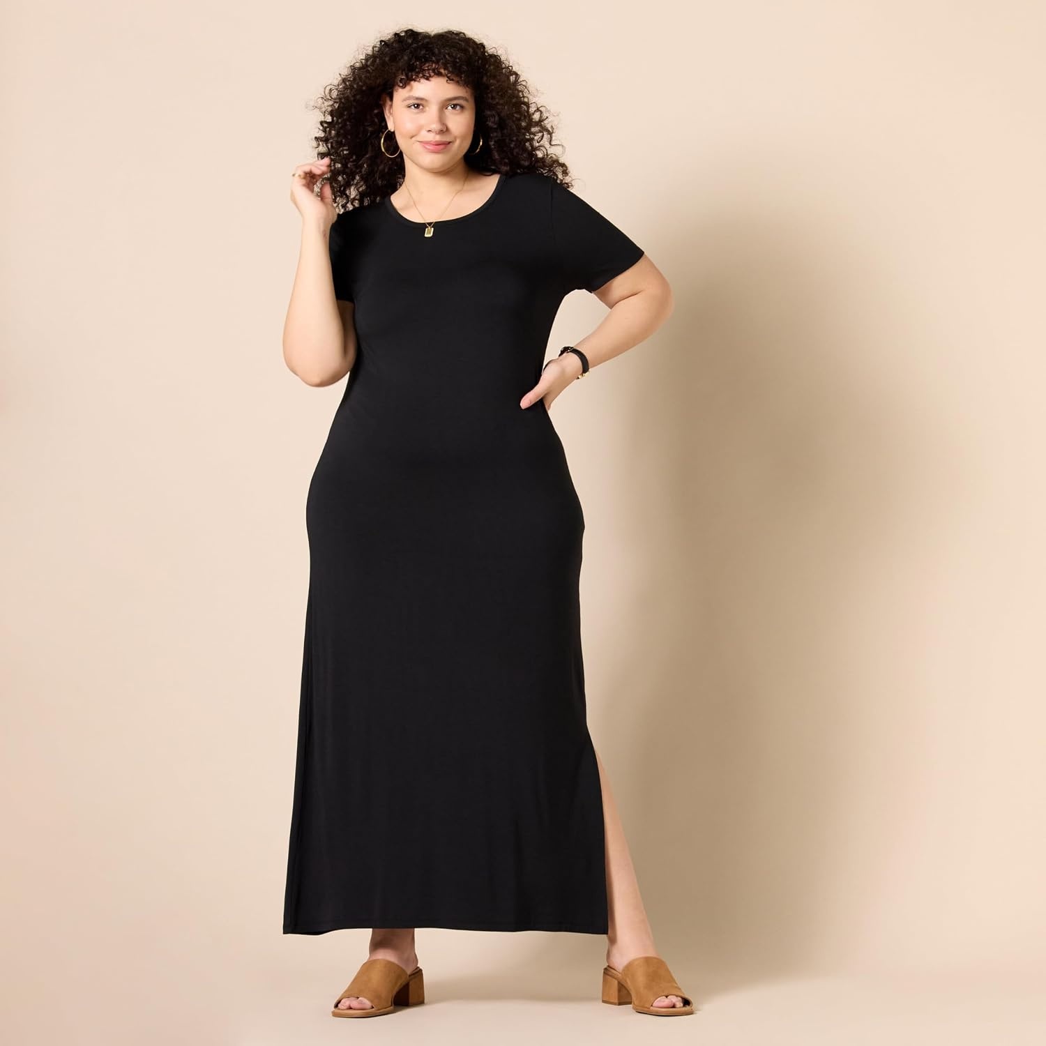 image:imageAmazon Essentials Womens Jersey StandardFit ShortSleeve Crewneck Side Slit Maxi DressBlack