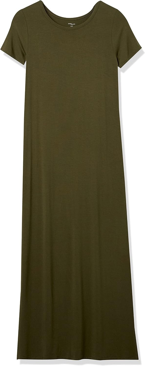 image:imageAmazon Essentials Womens Jersey StandardFit ShortSleeve Crewneck Side Slit Maxi DressForest Green