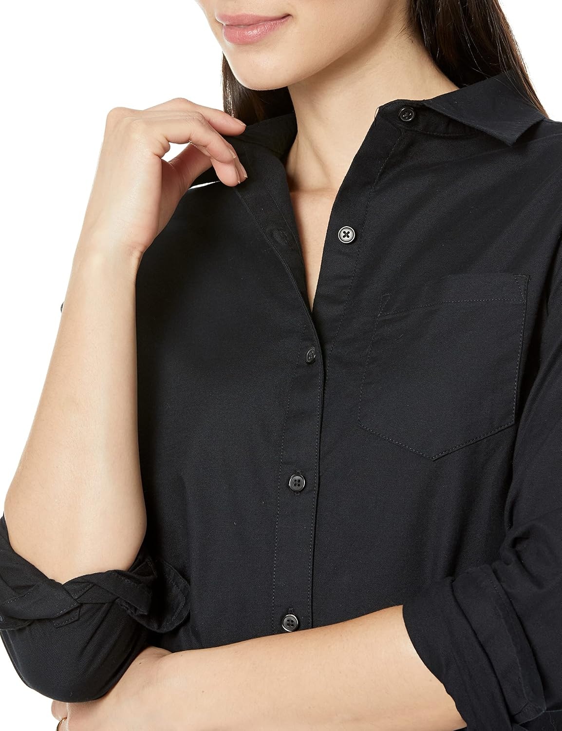 image:imageAmazon Essentials Womens Long Sleeve Button Down Stretch Oxford Shirt Available in Plus SizeBlack