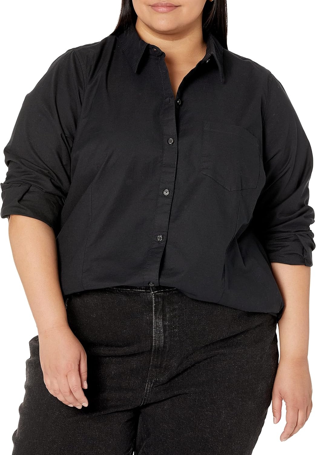 image:imageAmazon Essentials Womens Long Sleeve Button Down Stretch Oxford Shirt Available in Plus SizeBlack