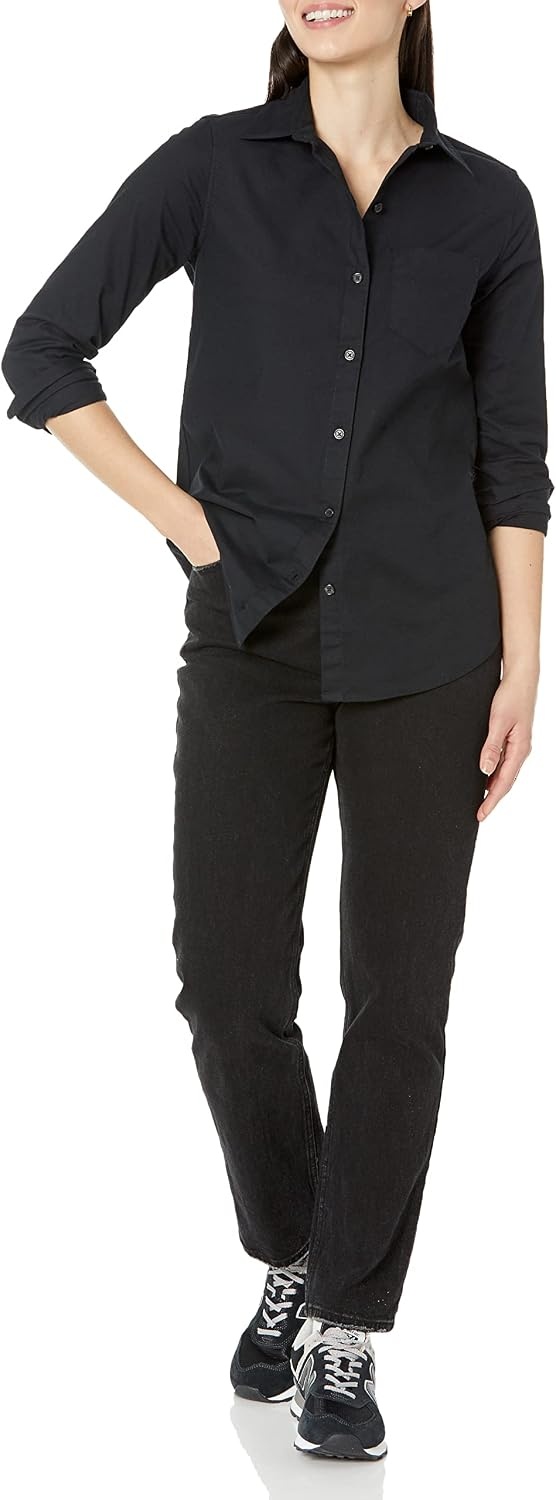 image:imageAmazon Essentials Womens Long Sleeve Button Down Stretch Oxford Shirt Available in Plus SizeBlack