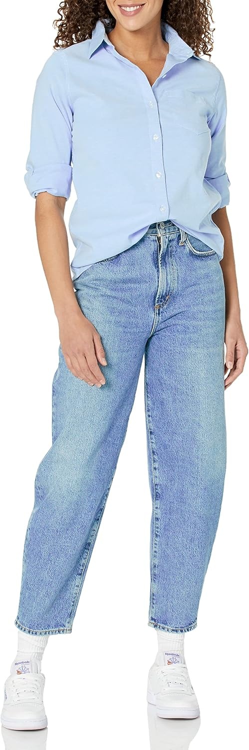 image:imageAmazon Essentials Womens Long Sleeve Button Down Stretch Oxford Shirt Available in Plus SizeBlue