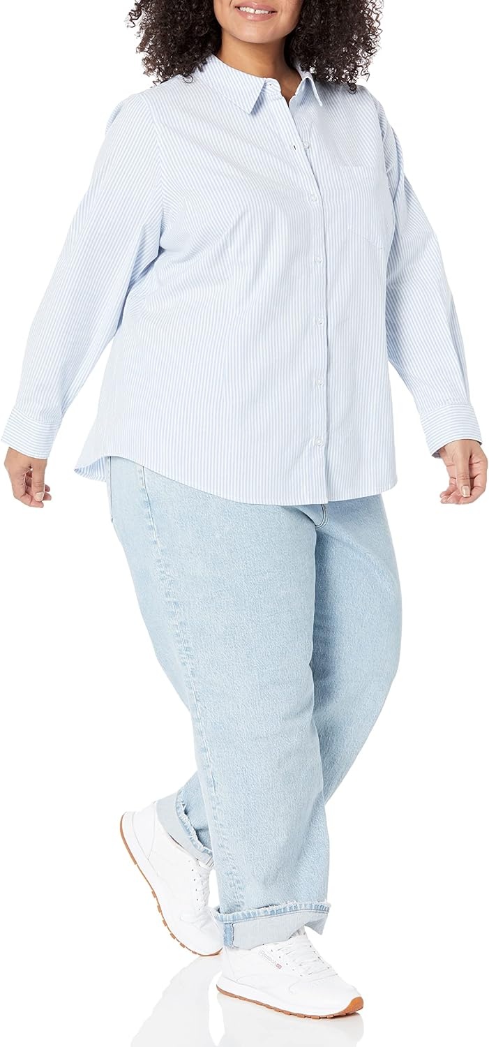 image:imageAmazon Essentials Womens Long Sleeve Button Down Stretch Oxford Shirt Available in Plus SizeBlue White Vertical Stripe