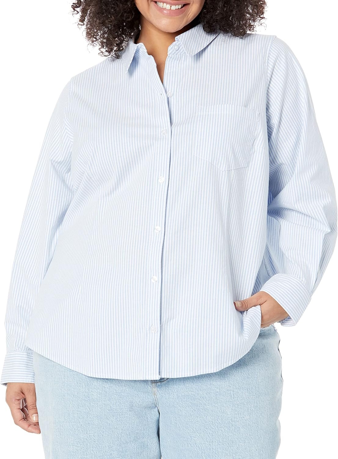 image:imageAmazon Essentials Womens Long Sleeve Button Down Stretch Oxford Shirt Available in Plus SizeBlue White Vertical Stripe