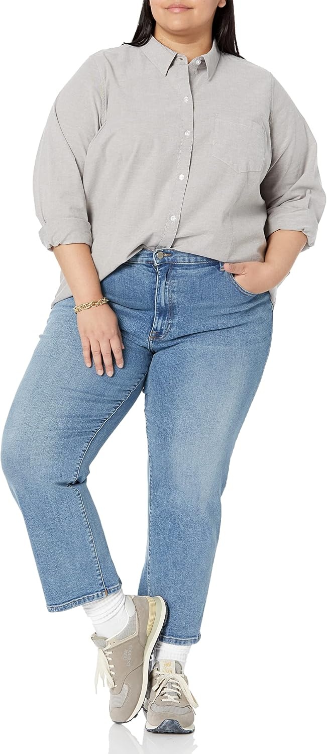 image:imageAmazon Essentials Womens Long Sleeve Button Down Stretch Oxford Shirt Available in Plus SizeGrey