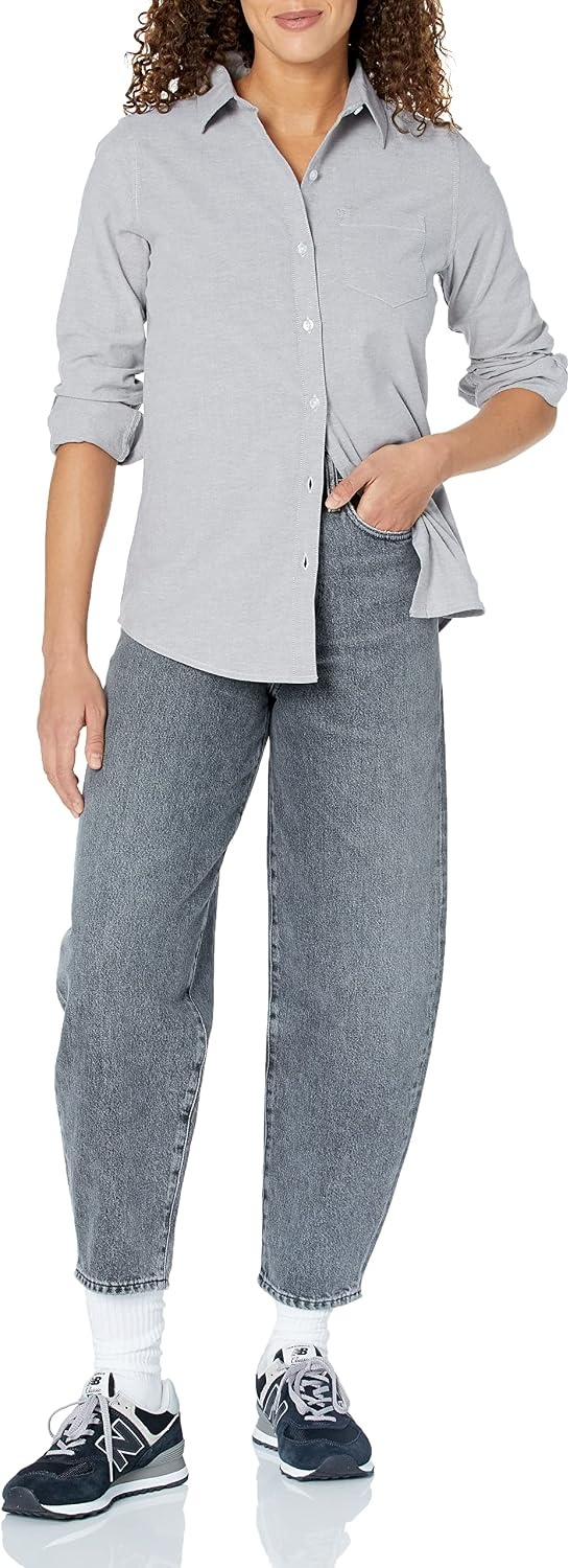 image:imageAmazon Essentials Womens Long Sleeve Button Down Stretch Oxford Shirt Available in Plus SizeGrey