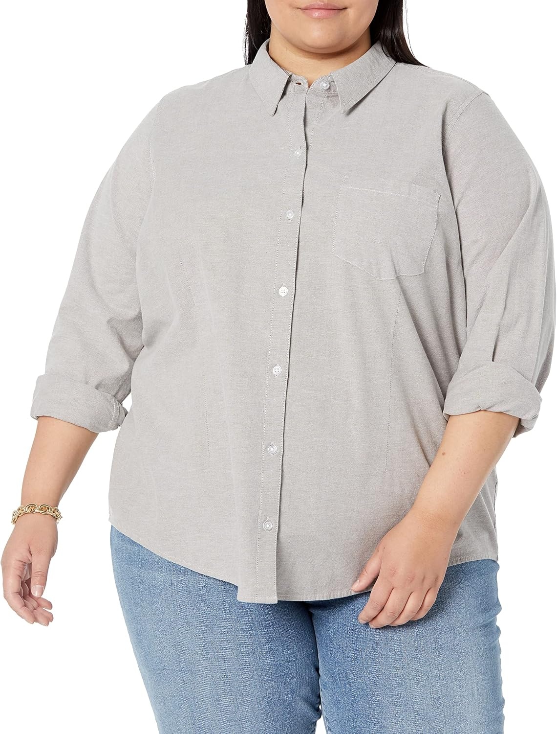 image:imageAmazon Essentials Womens Long Sleeve Button Down Stretch Oxford Shirt Available in Plus SizeGrey