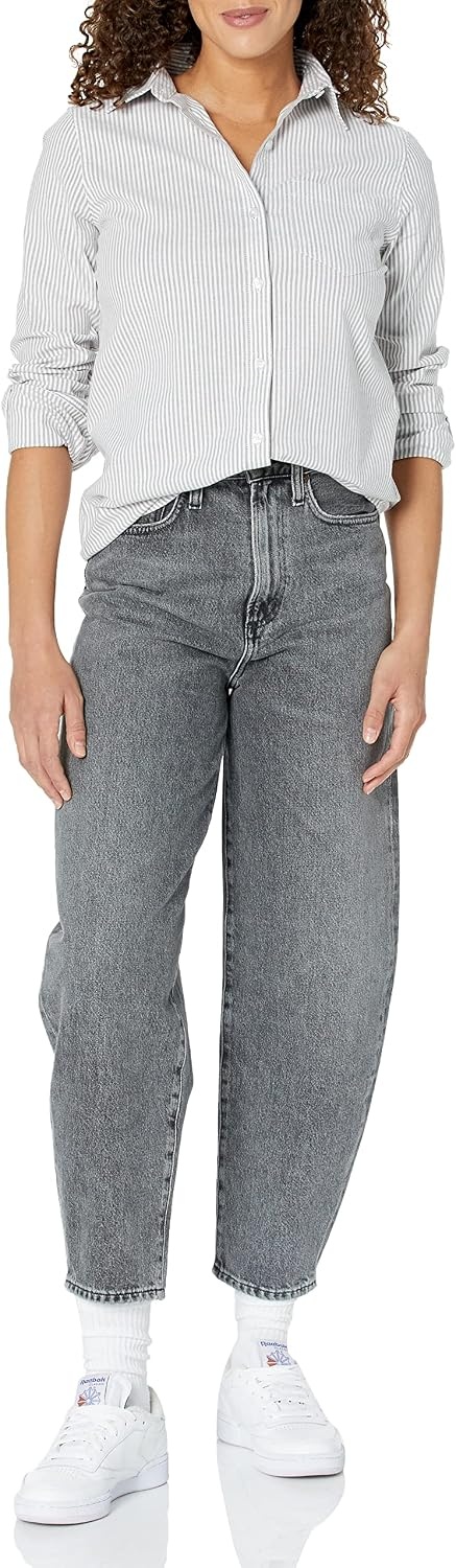 image:imageAmazon Essentials Womens Long Sleeve Button Down Stretch Oxford Shirt Available in Plus SizeGrey Stripe