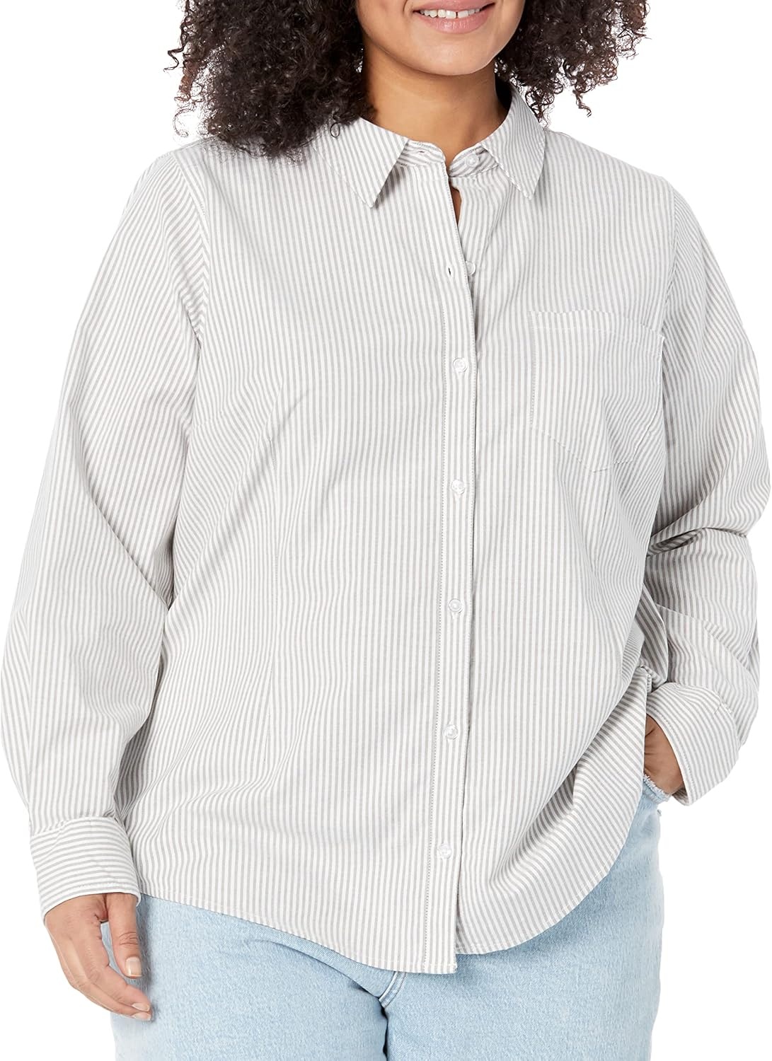 image:imageAmazon Essentials Womens Long Sleeve Button Down Stretch Oxford Shirt Available in Plus SizeGreyWhite Stripe