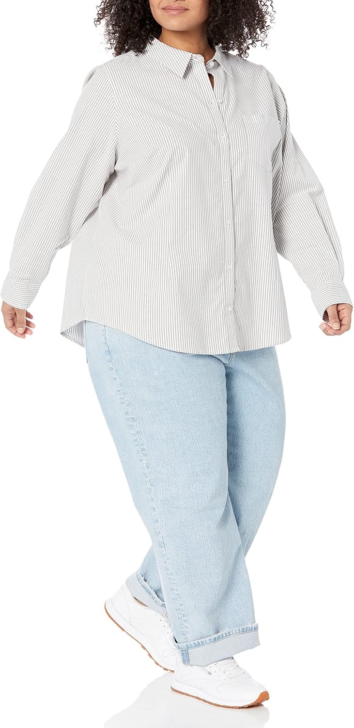 image:imageAmazon Essentials Womens Long Sleeve Button Down Stretch Oxford Shirt Available in Plus SizeGreyWhite Stripe