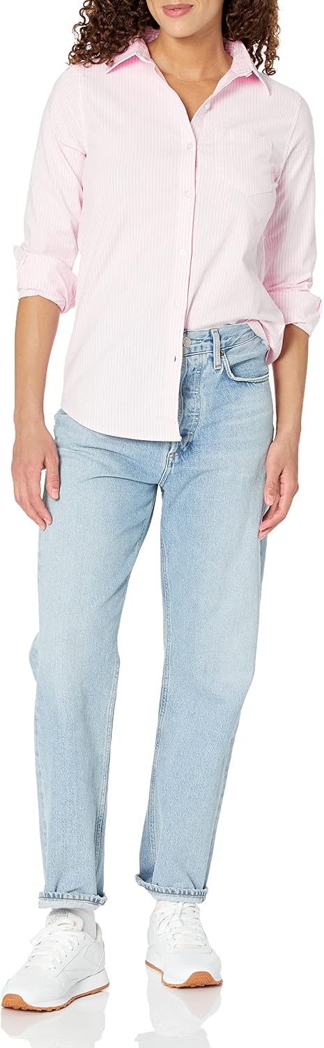 image:imageAmazon Essentials Womens Long Sleeve Button Down Stretch Oxford Shirt Available in Plus SizeLight Pink White Stripe