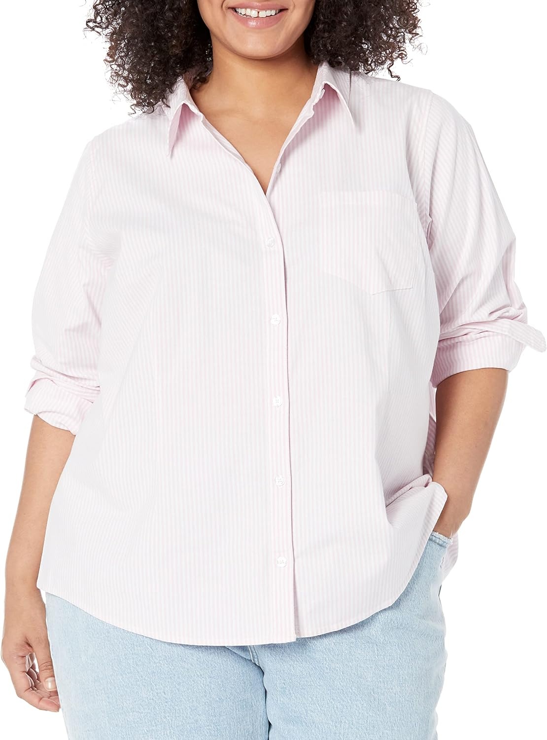 image:imageAmazon Essentials Womens Long Sleeve Button Down Stretch Oxford Shirt Available in Plus SizeLight Pink White Stripe