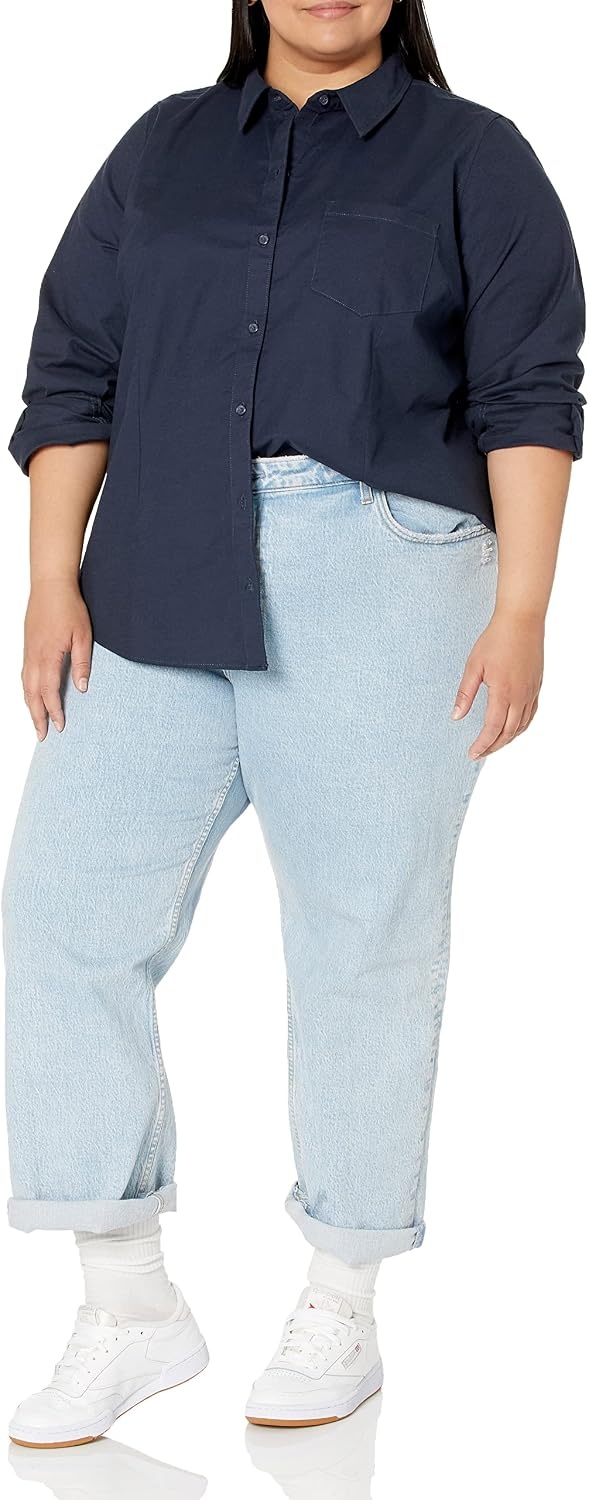 image:imageAmazon Essentials Womens Long Sleeve Button Down Stretch Oxford Shirt Available in Plus SizeNavy
