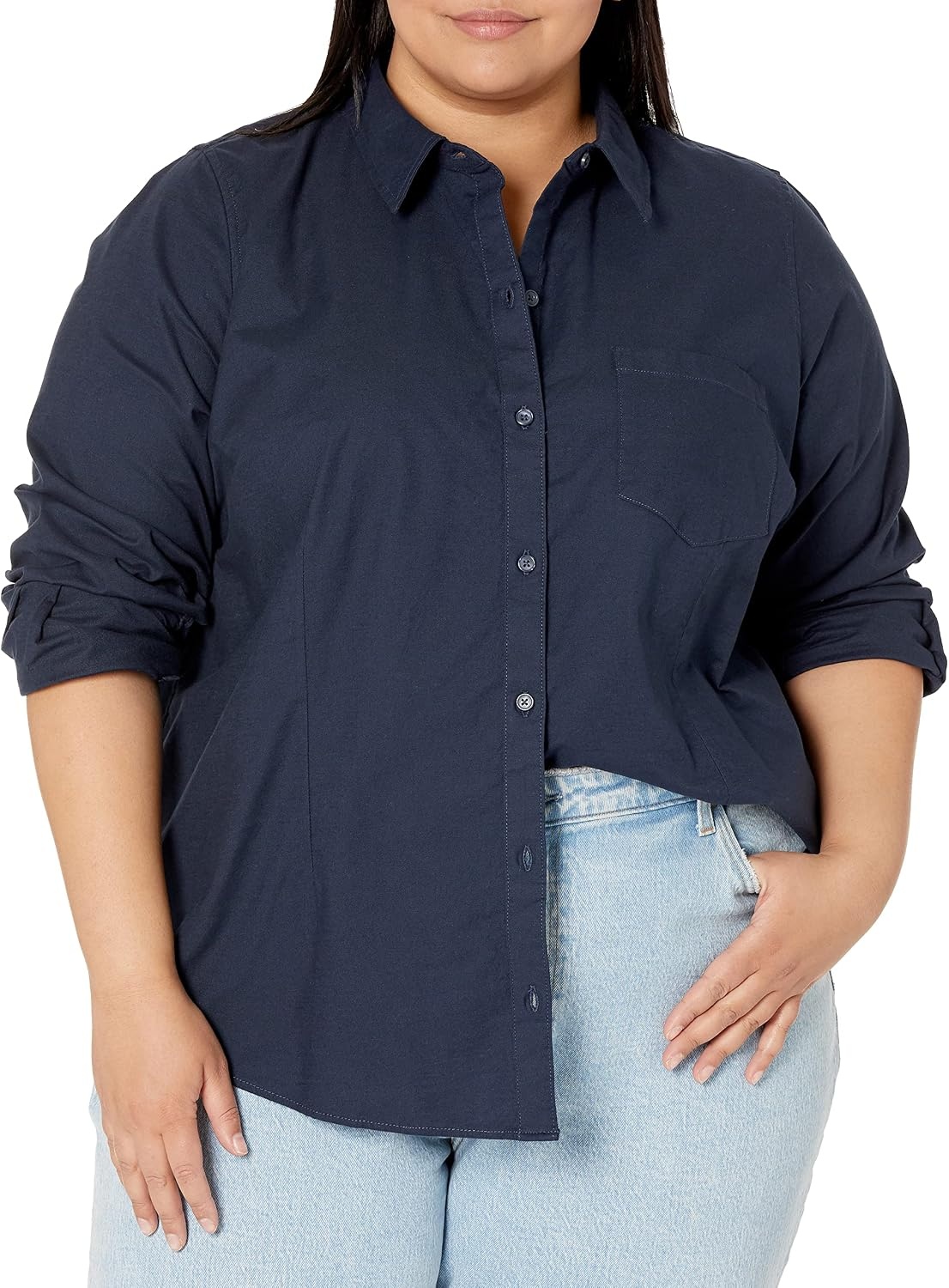 image:imageAmazon Essentials Womens Long Sleeve Button Down Stretch Oxford Shirt Available in Plus SizeNavy