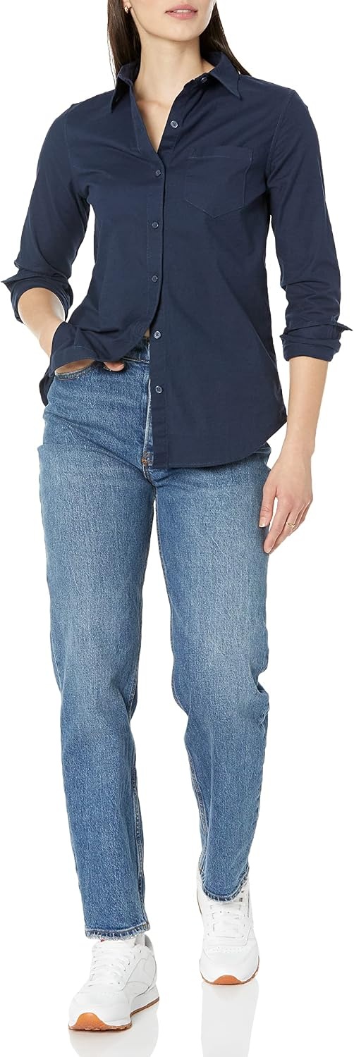 image:imageAmazon Essentials Womens Long Sleeve Button Down Stretch Oxford Shirt Available in Plus SizeNavy