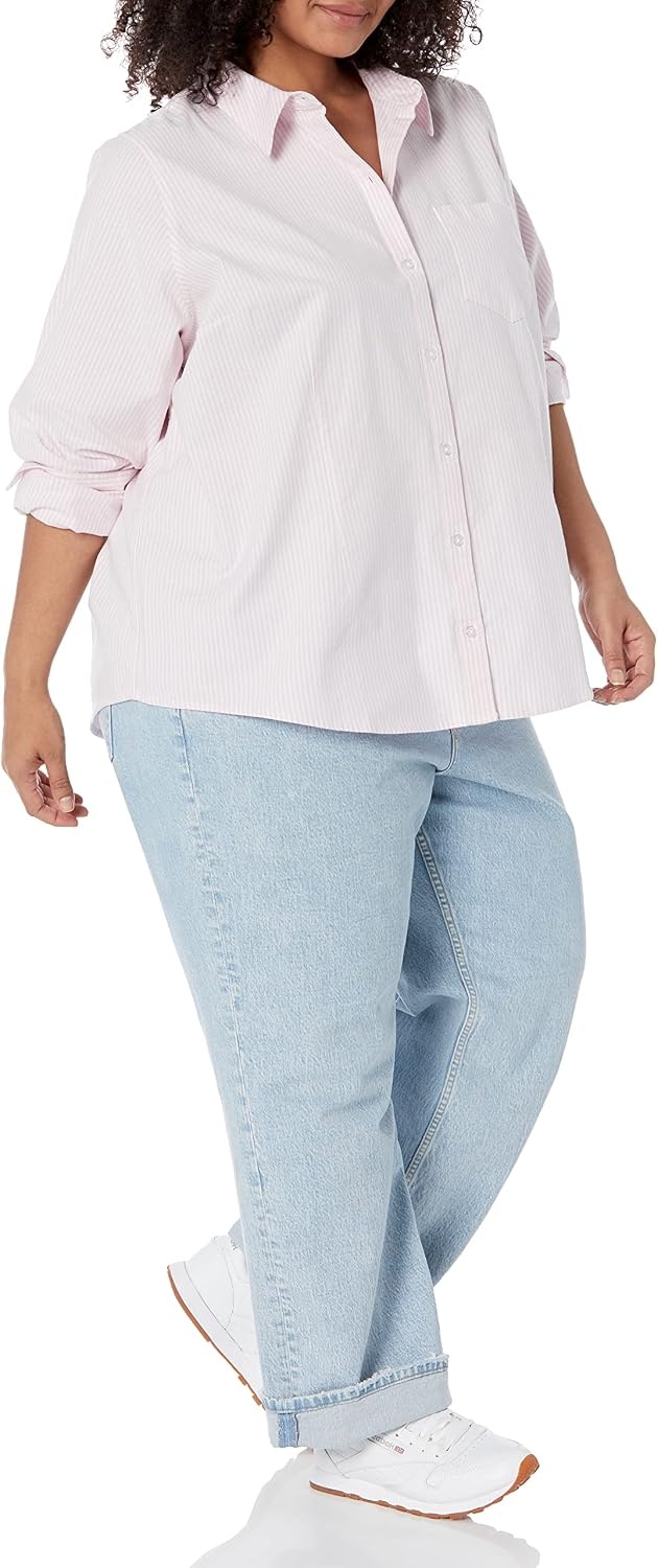 image:imageAmazon Essentials Womens Long Sleeve Button Down Stretch Oxford Shirt Available in Plus SizePinkWhite Stripe