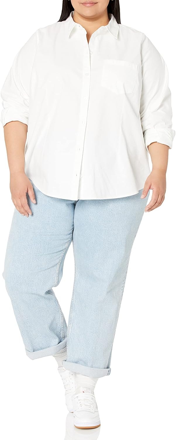 image:imageAmazon Essentials Womens Long Sleeve Button Down Stretch Oxford Shirt Available in Plus SizeWhite