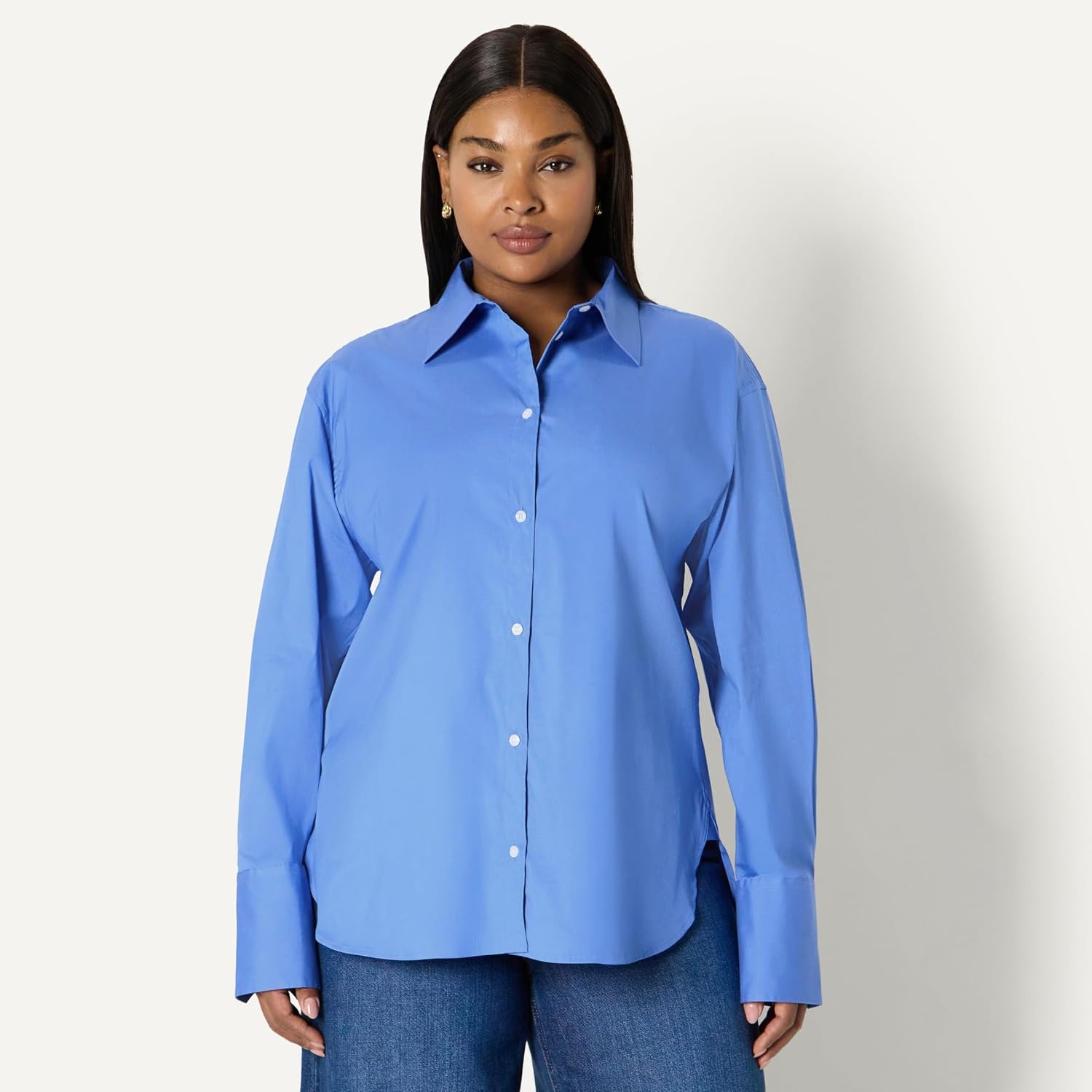 image:imageAmazon Essentials Womens OversizedFit Cropped Cotton Stretch Poplin ButtonDown ShirtBlue