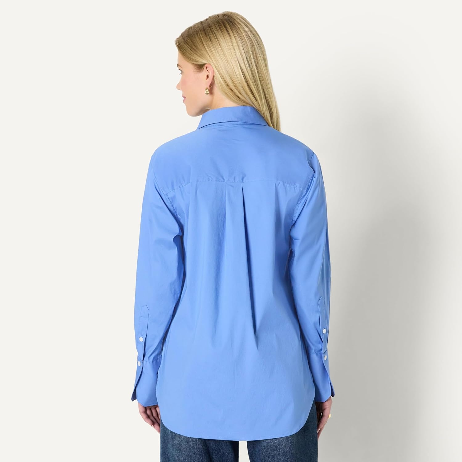 image:imageAmazon Essentials Womens OversizedFit Cropped Cotton Stretch Poplin ButtonDown ShirtBlue